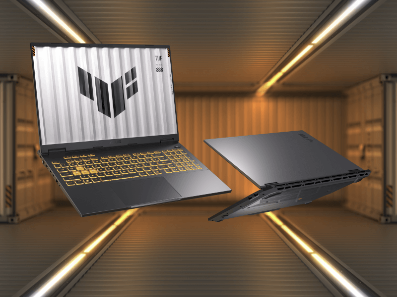 Two TUF gaming laptops shown from the front and behind while open